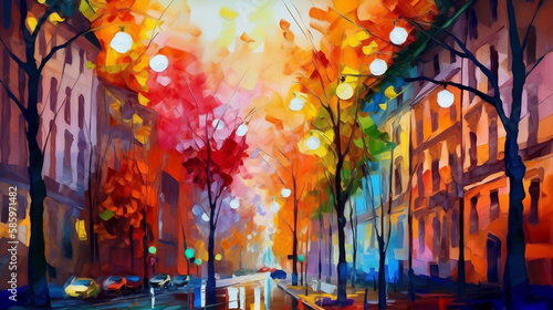 Oil painting of a city in autum, scenic landscape with a pleasant trees, fine art. Generative AI.