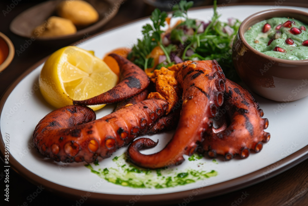 Close-up shot of grilled octopus tentacles tossed in a spicy harissa sauce, served with a side of crispy potato wedges and a cool yogurt dip, generative ai Close-up shot of grilled octopus tentacles tossed in a spicy harissa sauce, served with a side of crispy potato wedges and a cool yogurt dip, generative ai