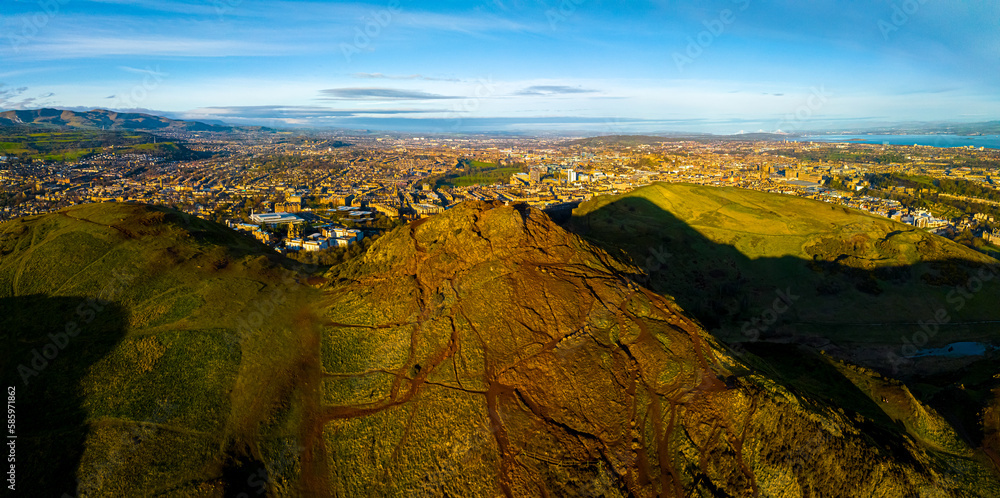 Aerial view of Arthurs seat with the Old city of Edinburgh on the background