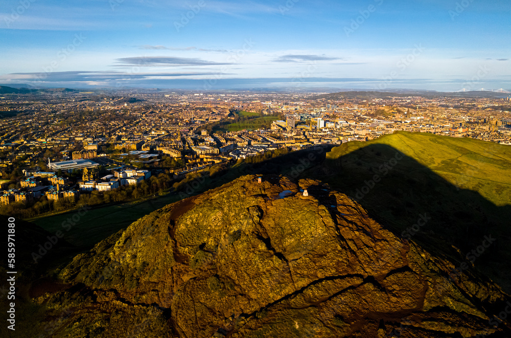 Aerial view of Arthurs seat with the Old city of Edinburgh on the background