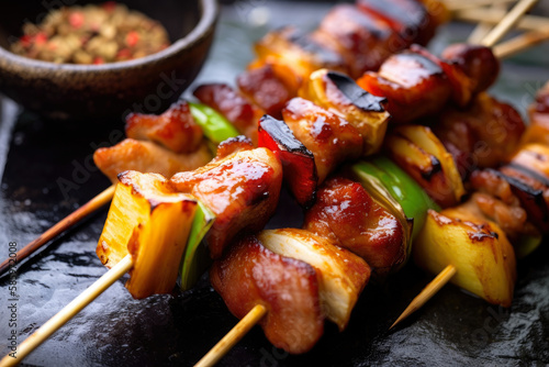 Close-up of yakitori skewers marinated in a sweet and spicy sauce, grilled to perfection and served with a side of steamed rice and pickled ginger, generative ai photo