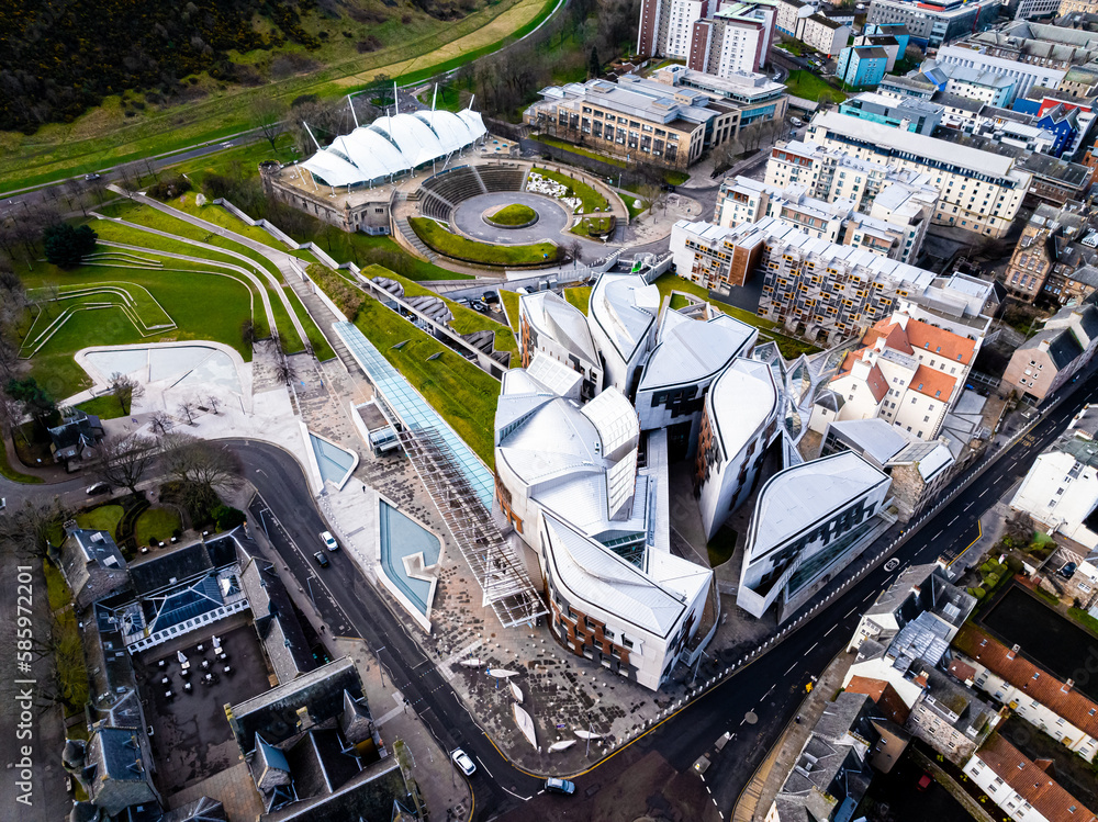 Aerial view of Scottish Parliament in Edinburgh, located on the Royal Mile in the Canongate