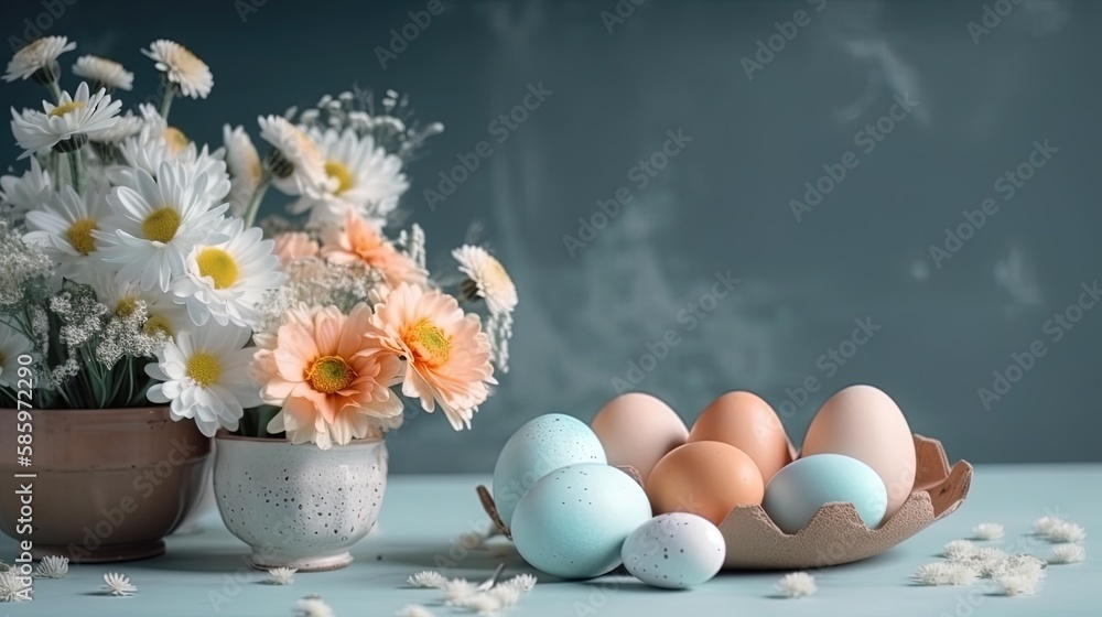 Charming Easter eggs in a basket, featuring a delightful array of colors and patterns, perfect for celebrating the season. An ortodox table a full of Easter food, eggs and saint bread.