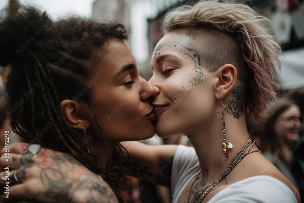 Obraz premium Mixed race lesbian couple kissing each other in the middle of the crowd. Generative AI