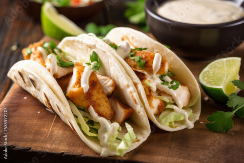 Close-up of Tasty and Authentic Fish Tacos with Creamy Sauce and Lime Wedges, generative ai
