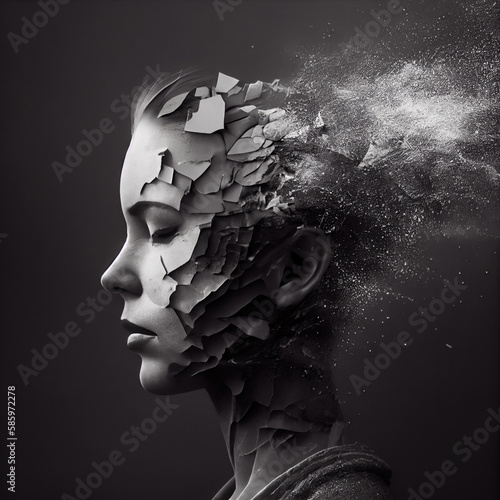 Conceptual image showing effect of trauma and mental illness in woman's brain.. Generative AI.