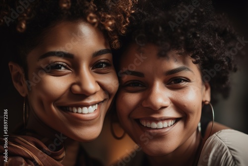 Couple of brown skin women portrait. Looking happily at camera. Generative AI