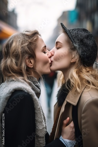 Two girls kissing in the middle of the street. Pride month concept. Generative AI vertical shot