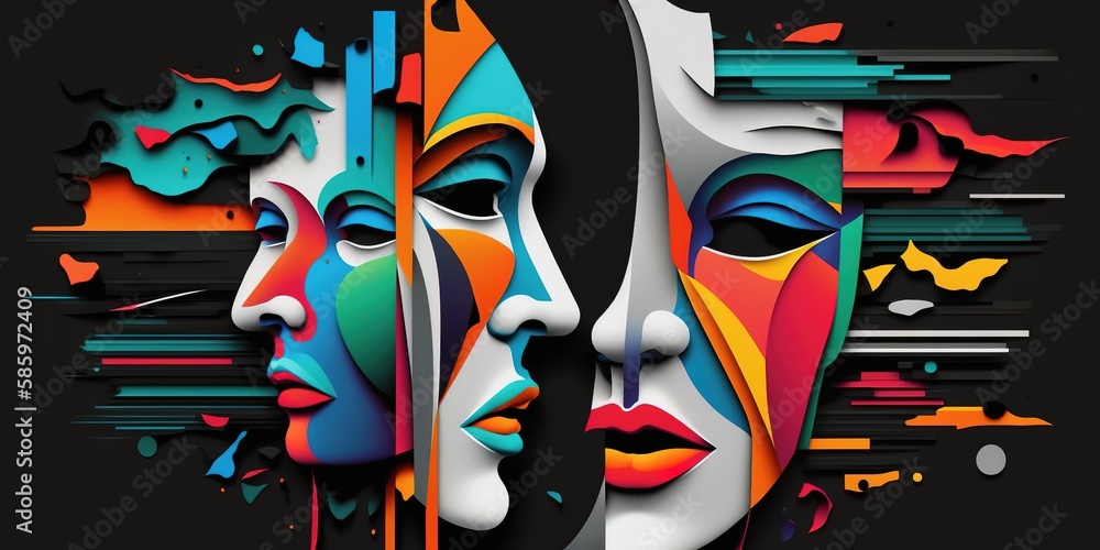 Abstract panorama background faces collage with black and white colors