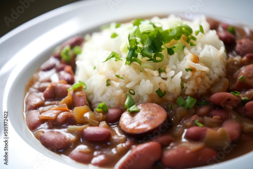 Close-up of steaming hot red beans and rice with smoked ham hock and a sprinkle of Cajun seasoning, generative ai photo