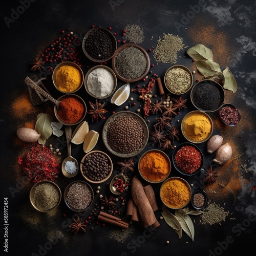 Different types of spices over dark background. Top view layout. Generative AI