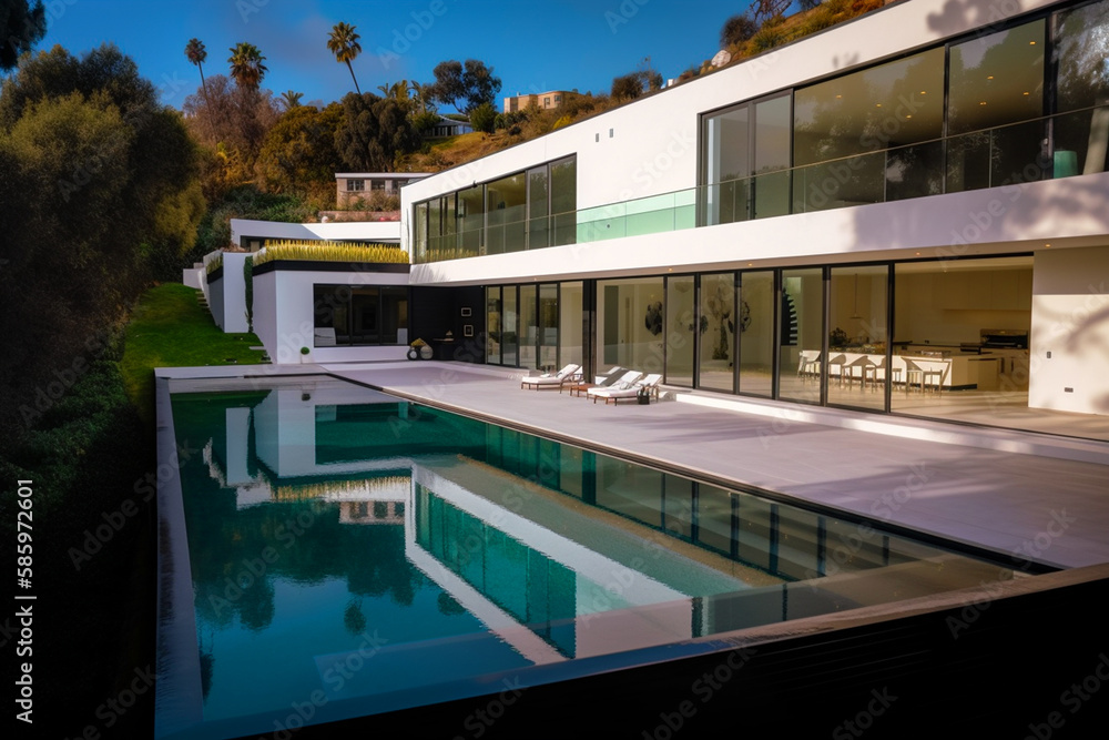 Obraz premium Villa in Beverly Hills, California. Holiday Rentals Los Angeles, luxyry villa with swimming pool in Beverly Hills. Modern apartment buildings, Facade exterior design. Ai generative illustration.
