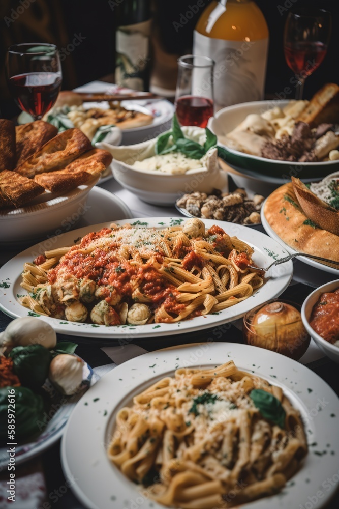 Close up of delicious Italian pasta dishes. Generative AI vertical shot