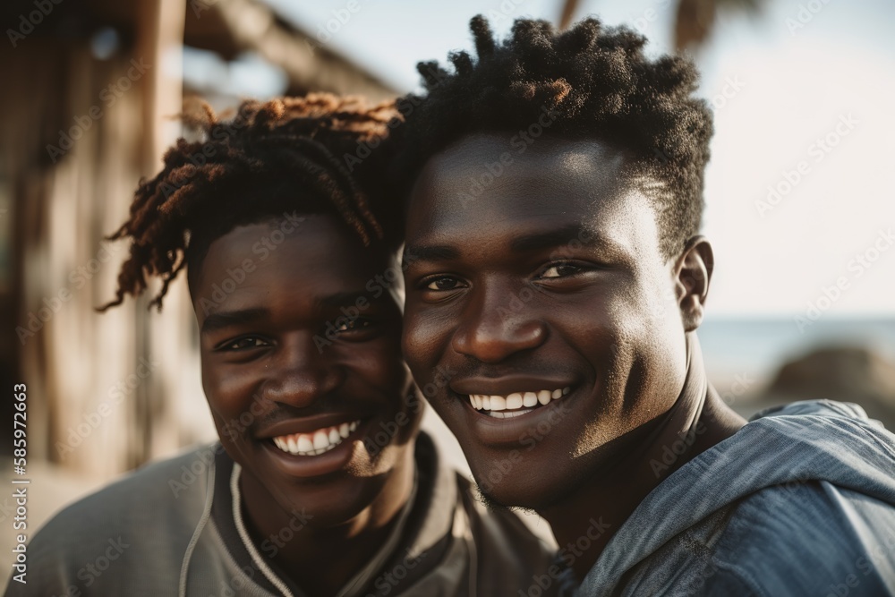 African American male friends smiling at looking at camera. Generative AI African American male friends smiling at looking at camera. Generative AI