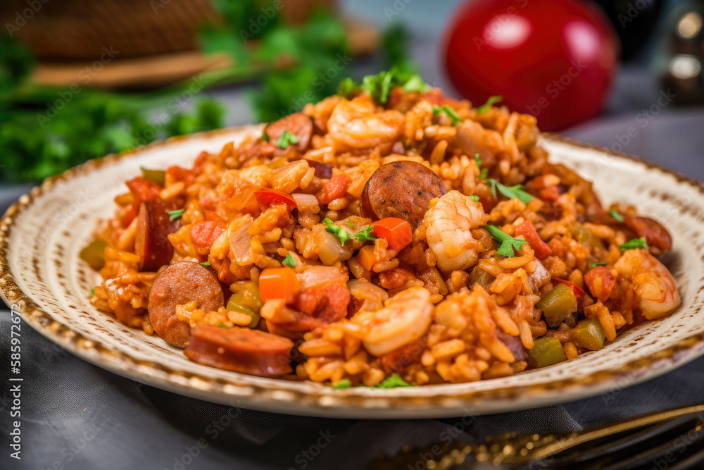 Close-up of Spicy Jambalaya with Andouille Sausage, Shrimp, and Tomatoes on a Decorative Plate, generative ai