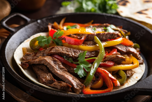 Close-up of sizzling hot beef fajitas with grilled vegetables, smoky spices, and fresh cilantro on a cast iron skillet, generative ai photo