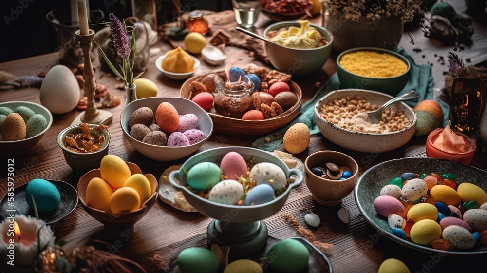 Fototapeta premium Charming Easter eggs in a basket, featuring a delightful array of colors and patterns, perfect for celebrating the season. An ortodox table a full of Easter food, eggs and saint bread.