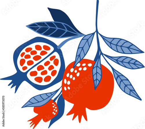 Hand drawn branch with pomegranates on a transparent background.