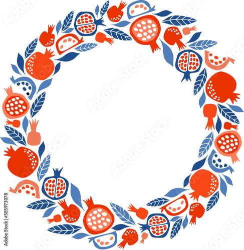 Hand drawn pomegranate wreath on transparent background.