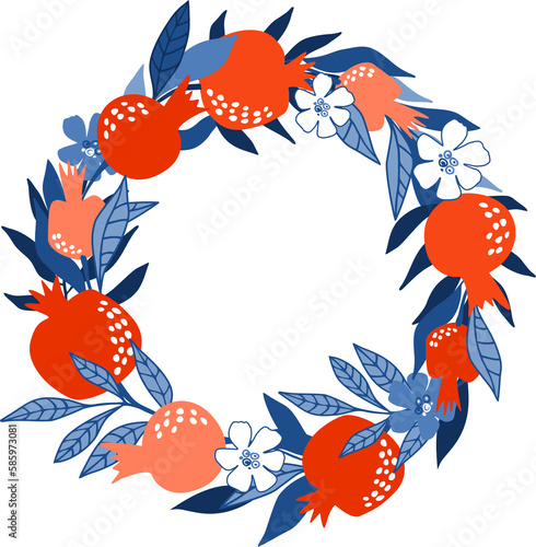Hand drawn pomegranate wreath on transparent background.