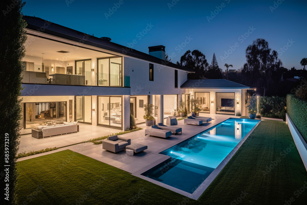 Villa in Beverly Hills, California. Holiday Rentals Los Angeles, luxyry villa with swimming pool in Beverly Hills. Modern apartment buildings, Facade exterior design. Ai generative illustration.