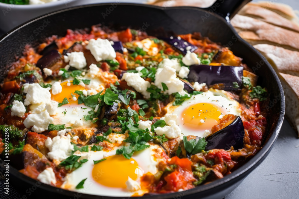 Close-up of Shakshuka with Crispy Baked Eggplant and Feta Cheese, generative ai