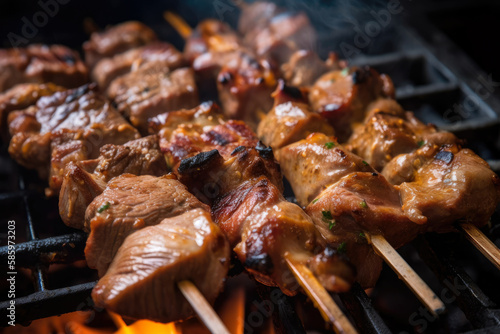 Close-up of shawarma kebab skewers sizzling on a hot grill, with the meat and vegetables browning and caramelizing to perfection, generative ai
