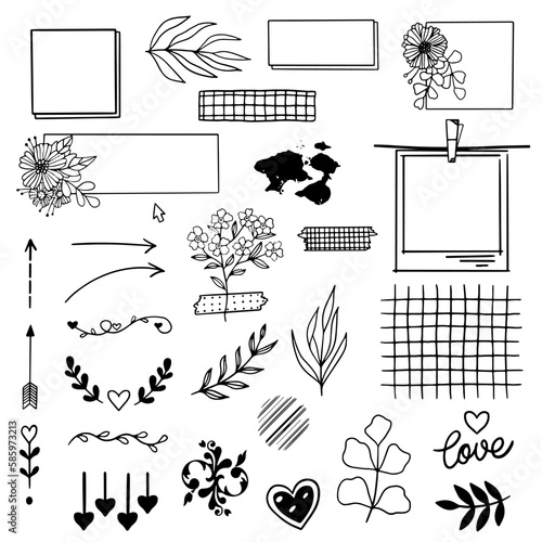 Vector illustration of photo frames, sketch of leaves and arrows. Sets for pattern, glider and banner design. Set of geometric patterns and frames in retro pop style.