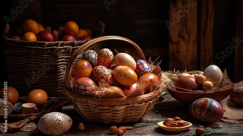 Charming Easter eggs in a basket, featuring a delightful array of colors and patterns, perfect for celebrating the season. An ortodox table a full of Easter food, eggs and saint bread.