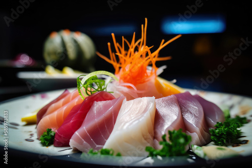 Close-up of mouth-watering Sashimi with intricate knife cuts and vibrant colors served with pickled ginger, generative ai