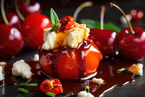 Close-up of juicy stuffed cherry peppers filled with tangy goat cheese and drizzled with sweet honey, generative ai