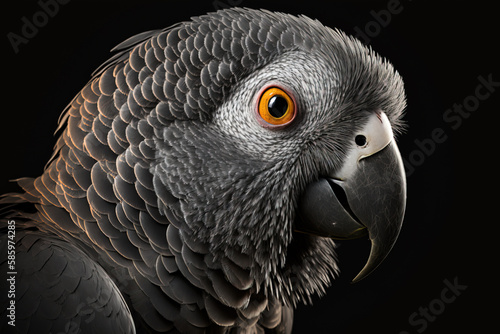 Generative AI. Head of Congo grey parrot on dark background. Portrait of bird.