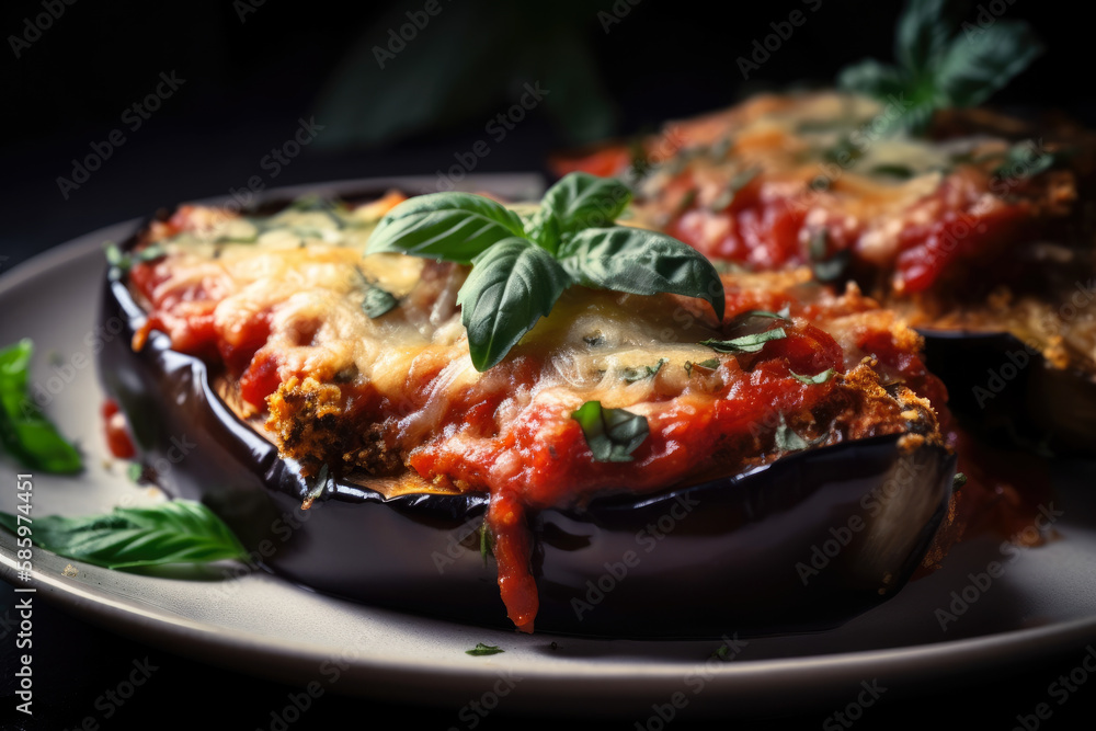 Close-up of Hearty Eggplant Parmesan with Fresh Tomato Sauce and Aromatic Herbs, generative ai