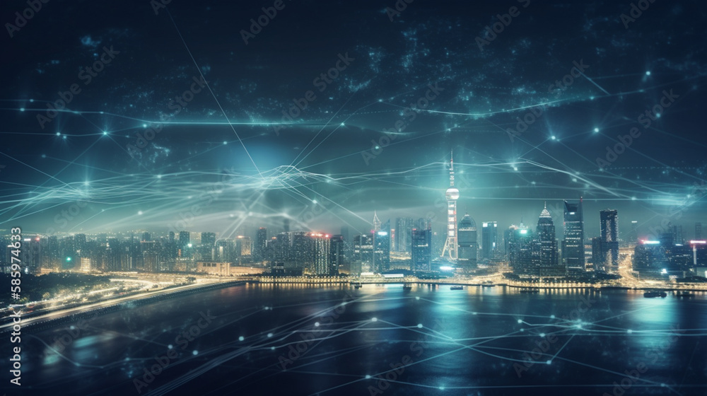 Smart city and big data connection technology concept with digital blue ...