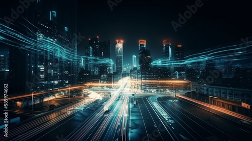 Smart digital city with high speed light trail of cars of digital data transfer Generative AI