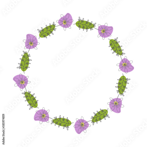 Template frame of spring flowers line art on a white background. Floral design for wedding invitation, banner, poster. Colored. Round.