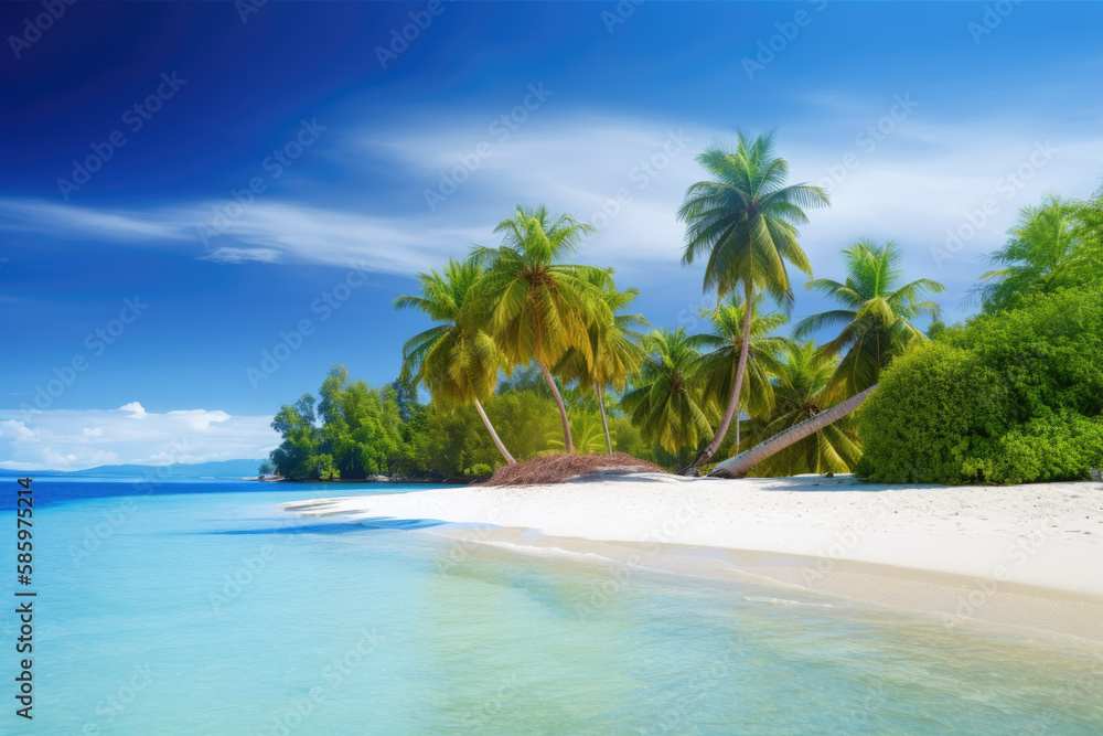 Beautiful beach on a Tropical island with white sand and palm trees Generative AI