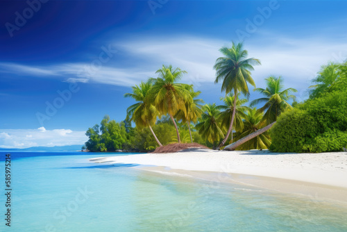 Beautiful beach on a Tropical island with white sand and palm trees Generative AI © stock_acc