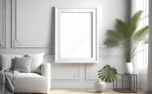 Blank picture frame mockup on white wall. White living room design. View of modern scandinavian style interior with chair. Home staging and minimalism concept