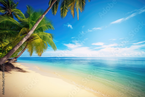 Beautiful beach on a Tropical island with white sand and palm trees Generative AI © stock_acc