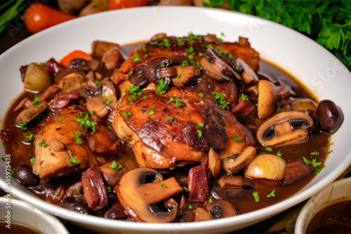 Close-up of Coq au Vin with tender chicken, mushrooms, and pearl onions in a rich red wine sauce, topped with crispy bacon, generative ai
