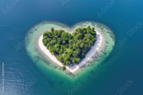 Heart shape uninhabited tropical island aerial view, Generative AI