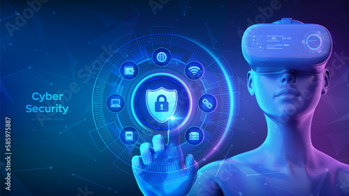 Cyber Security. Data protection, antivirus, safe technology concept on virtual screen. Girl wearing VR headset glasses touching digital interface with shield protect icon. Vector illustration.