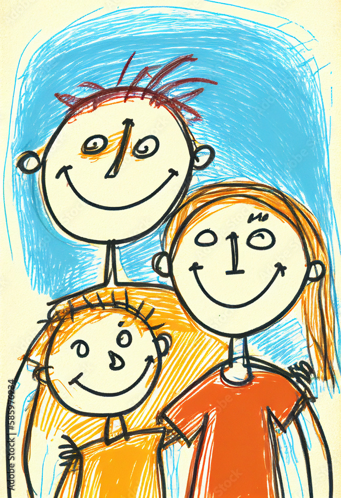 children's drawing of a traditional happy family with mom dad and baby, generative AI