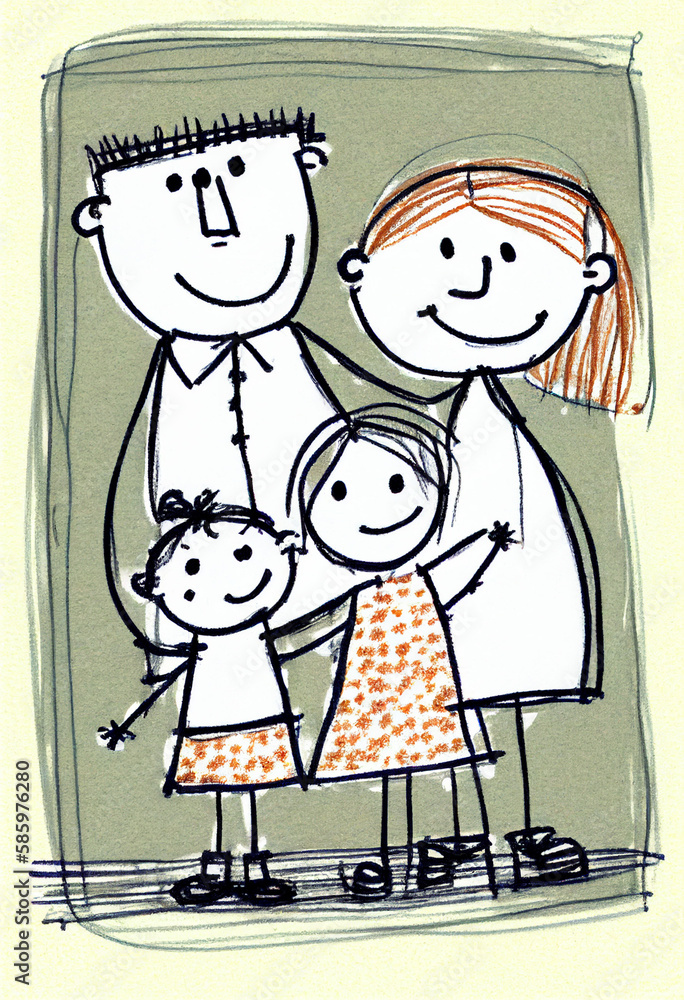 children's drawing of a traditional happy family with mom dad and children, generative AI children's drawing of a traditional happy family with mom dad and children, generative AI