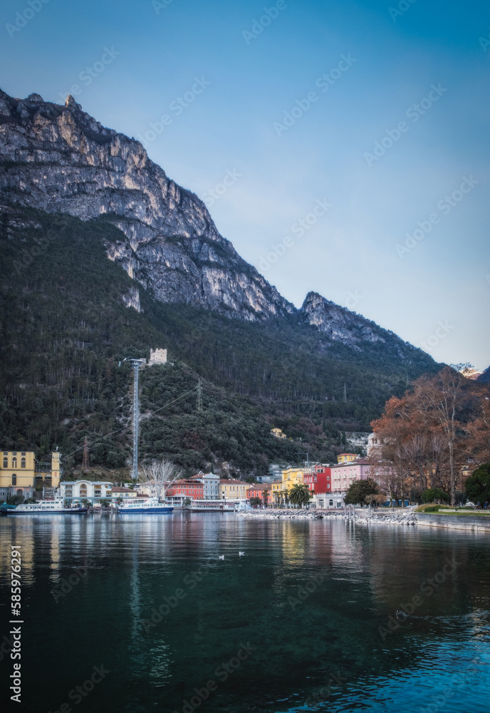 City of Riva del Garda at sunset time in January 2023.