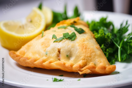Close-up of an empanada with a delicious seafood filling, garnished with a slice of lemon and a sprig of parsley, served on a white plate, generative ai
