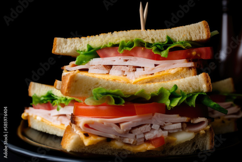 Close-up of a Triple Decker Club Sandwich Filled with Turkey, Ham, Cheese, and Tomatoes, Perfectly Stacked and Ready to be Devoured, generative ai photo