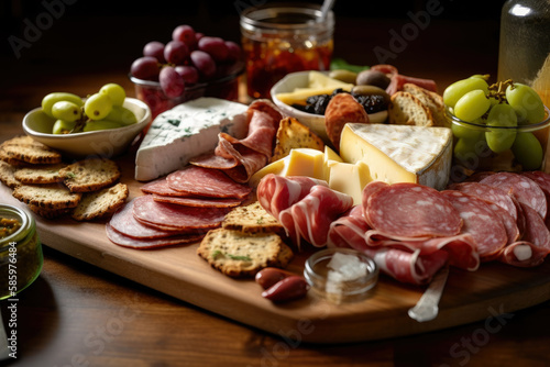 Close-up of a tantalizing Charcuterie board filled with an array of cured meats, cheese, crackers, and pickles, ready to satisfy any craving, generative ai