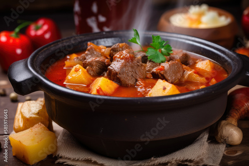 Close-up of a steaming hot bowl of Hungarian goulash with chunks of tender beef and soft potato cubes, generative ai